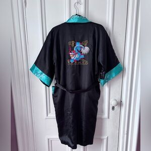 Black and Green Reversible Satin Kimono Robe with Dragon Embroidery Tie Waist